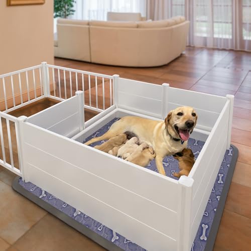 EXROO Welpenkiste, Welpenkiste für Hunde mit waschbaren Welpenunterlagen, Doppelzimmer, Welpenstall für große Rassen, Indoor-Waching-Set für Welpen, Weiß, 243,8 x 121,9 x 49,5 cm EXROO Welpenkiste, Welpenkiste für Hunde mit waschbaren Welpenunterlagen, Doppelzimmer, Welpenstall für große Rassen, Indoor-Waching-Set für Welpen, Weiß, 243,8 x 121,9 x 49,5 cm von Exroo