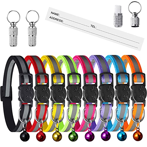 Extodry 8 Stück Reflektierende Katzenhalsband mit 2 Stück Namen Adresse Tags Set, Halsband Katze mit Sicherheitsverschluss,Verstellbar Kitten Halsband(6''-9''),Personalisiert Haustierzubehör von Extodry