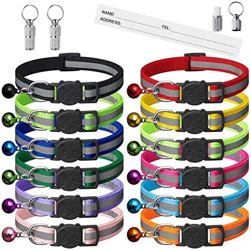 Extodry 12 Stück Reflektierende Katzenhalsband mit Namen Adresse und Halsband Katze mit Sicherheitsverschluss,Verstellbar Kitten Halsband,Personalisiert Haustierzubehör(12 Farben & 2 ID Tag) von Extodry