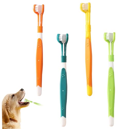 4pcs Hund Zahnbürste Haustier Zahnbürste 3 -Seiten -Zahnbürste für Hunde Zahnpflege mit weichen Borsten tiefe saubere Katzenzähne mit langem Griff für kleine bis große Hunde Katzen, die den Mund von Eyccier
