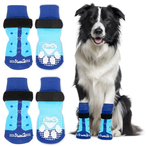 Eyein 2 Paar Doppelseitige Anti-Rutsch Socken für Hunde, Weiche Hundesocken Pfotenschutz mit verstellbarem Klettverschluss für Hartholzböden in Innenräumen, Blau, L von Eyein