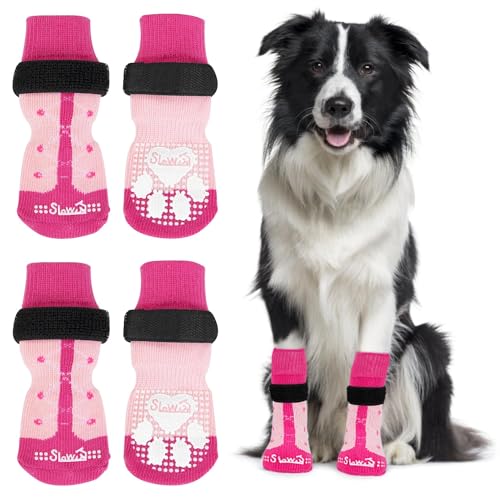 Eyein 2 Paar Doppelseitige Anti-Rutsch Socken für Hunde, Weiche Hundesocken Pfotenschutz mit verstellbarem Klettverschluss für Hartholzböden in Innenräumen, Rosa, L von Eyein