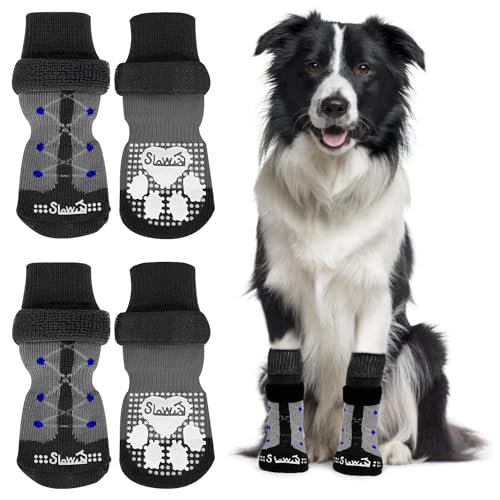 Eyein 2 Paar Doppelseitige Anti-Rutsch Socken für Hunde, Weiche Hundesocken Pfotenschutz mit verstellbarem Klettverschluss für Hartholzböden in Innenräumen, Schwarz, L von Eyein