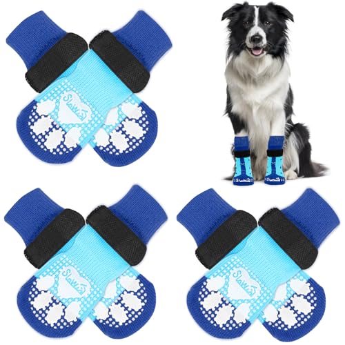 Eyein 3 Paar Doppelseitige Anti-Rutsch Socken für Hunde, Weiche Hundesocken Pfotenschutz mit verstellbarem Klettverschluss für Hartholzböden in Innenräumen, Blau, L von Eyein