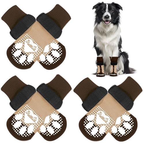 Eyein 3 Paar Doppelseitige Anti-Rutsch Socken für Hunde, Weiche Hundesocken Pfotenschutz mit verstellbarem Klettverschluss für Hartholzböden in Innenräumen, Braun, L von Eyein