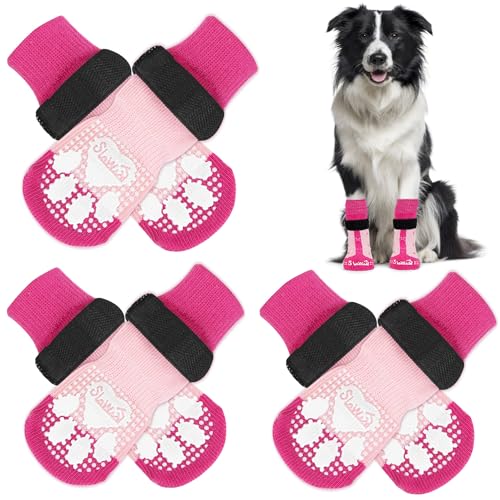 Eyein 3 Paar Doppelseitige Anti-Rutsch Socken für Hunde, Weiche Hundesocken Pfotenschutz mit verstellbarem Klettverschluss für Hartholzböden in Innenräumen, Rosa, L von Eyein
