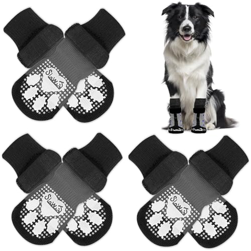 Eyein 3 Paar Doppelseitige Anti-Rutsch Socken für Hunde, Weiche Hundesocken Pfotenschutz mit verstellbarem Klettverschluss für Hartholzböden in Innenräumen, Schwarz, L von Eyein