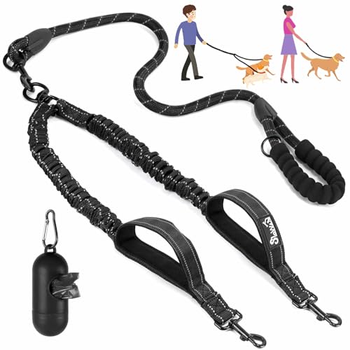 Eyein Doppelleine für 2 Hunde, Hundeleine für große Hunde, Flexible und reflektierende verhedderungsfreie Hundeleine mit 2 gepolsterten Griffen für Hund von 11 bis 68 kg (Schwarz) von Eyein