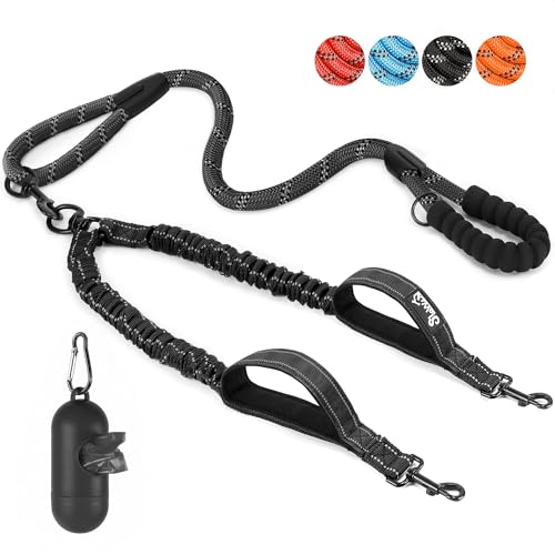 Eyein Doppelleine für 2 Hunde, Hundeleine für große Hunde, Flexible und reflektierende verhedderungsfreie Hundeleine mit 3 gepolsterten Griffen für Hund von 11 bis 68 kg (Schwarz) von Eyein