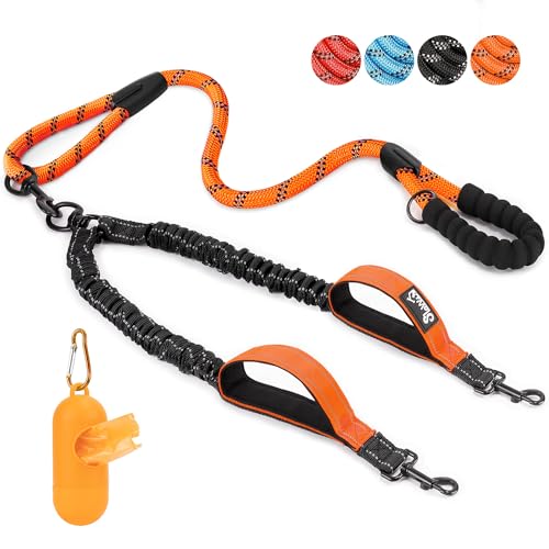 Eyein Doppelleine für 2 Hunde, Hundeleine für kleine und mittelgroße Hunde, Flexible und reflektierende verhedderungsfreie Hundeleine mit 3 gepolsterten Griffen für Hund von 3 bis 16 kg (Orange) von Eyein