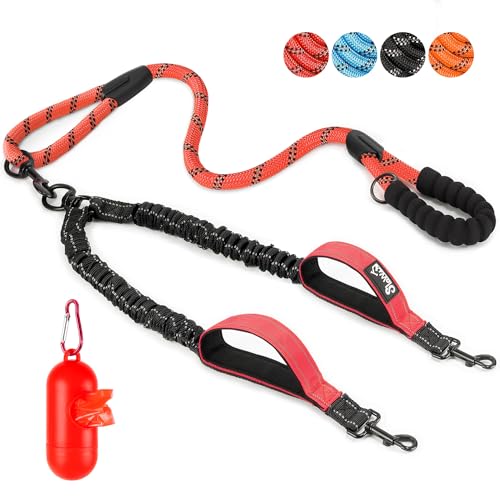 Eyein Doppelleine für 2 Hunde, Hundeleine für kleine und mittelgroße Hunde, Flexible und reflektierende verhedderungsfreie Hundeleine mit 3 gepolsterten Griffen für Hund von 3 bis 16 kg (Rot) von Eyein