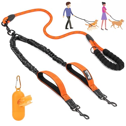 Eyein Doppelleine für 2 Hunde, Hundeleine für kleine und mittelgroße Hunde, Flexible und reflektierende verhedderungsfreie Hundeleine mit 2 gepolsterten Griffen für Hunde von 3 bis 16 kg (Orange) von Eyein