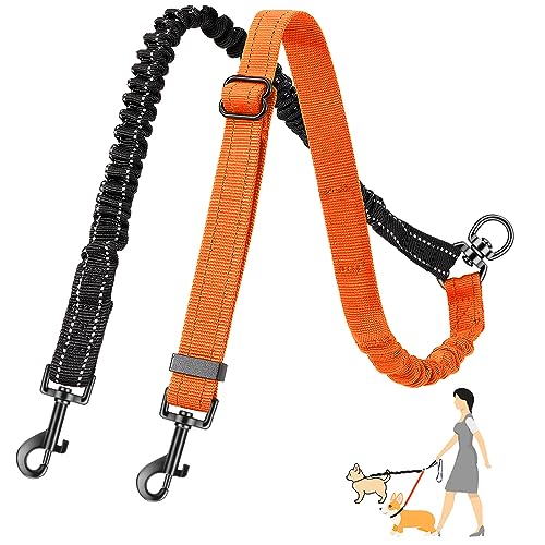 Eyein Doppelte Hundeleine, Verhedderungsfreie 360° drehbare Doppelleinen mit 2 Hunden, Verstellbare reflektierende Splitterleine für kleine Hunde, Schwarz & Orange von Eyein