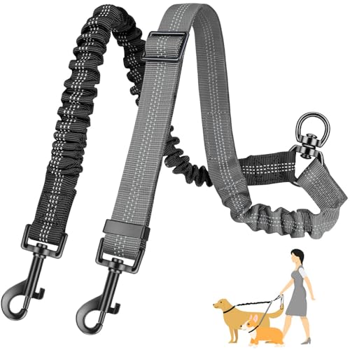 Eyein Doppelte Hundeleine, Verhedderungsfreie 360° drehbare Doppelleinen mit 2 Hunden, Verstellbare reflektierende Splitterleine für kleine mittelgroße und große Hunde, Schwarz & Grau, M von Eyein