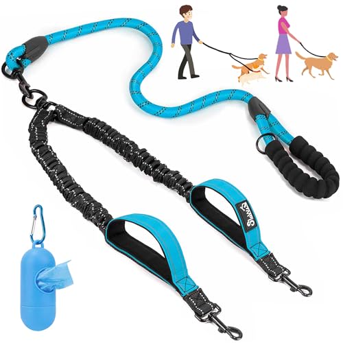 Eyein Doppelleine für 2 Hunde, Hundeleine für große Hunde, Flexible und reflektierende verhedderungsfreie Hundeleine mit 2 gepolsterten Griffen für Hund von 11 bis 68 kg (Blau) von Eyein