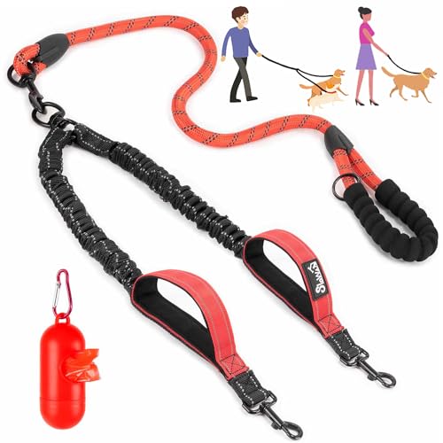 Eyein Doppelleine für 2 Hunde, Hundeleine für große Hunde, Flexible und reflektierende verhedderungsfreie Hundeleine mit 2 gepolsterten Griffen für Hund von 11 bis 68 kg (Rot) von Eyein
