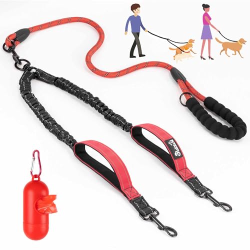 Eyein Doppelleine für 2 Hunde, Hundeleine für kleine und mittelgroße Hunde, Flexible und reflektierende verhedderungsfreie Hundeleine mit 2 gepolsterten Griffen für Hund von 3 bis 16 kg (Rot) von Eyein