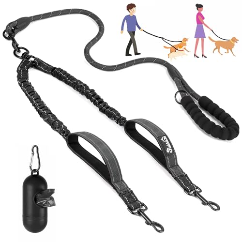 Eyein Doppelleine für 2 Hunde, Hundeleine für kleine und mittelgroße Hunde, Flexible und reflektierende verhedderungsfreie Hundeleine mit 2 gepolsterten Griffen für Hund von 3 bis 16 kg (Schwarz) von Eyein