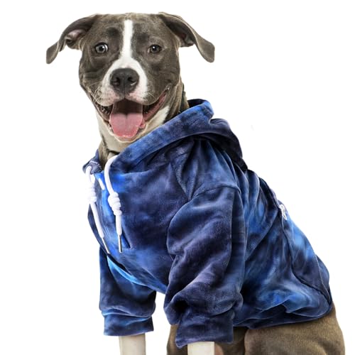 Eyein Hoodie für Kleine, Mittlere und Große Hunde - Warmer Flanell Kapuzenpulli Mit Taschen und Leine Portal - Weiche Hundebekleidung für Frühling, Herbst, Winter - Blau-Grau Tie Dye, XXL von Eyein