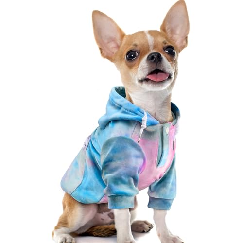 Eyein Hunde Hoodie für kleine mittlere und große Hunde, Warmer Flanell Hunde Kapuzenpulli mit Taschen und Leine Portal, Weiche Hundebekleidung für Frühling Herbst Winter, Rosa-Blau Tie Dye, S von Eyein
