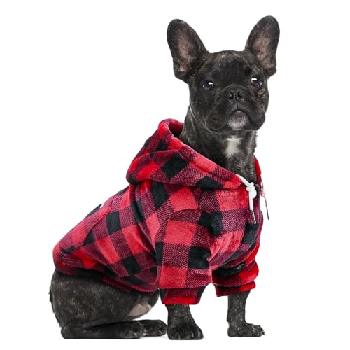 Eyein Hundehoodie für kleine mittlere und große Hunde, Warmer Flanell Hunde Kapuzenpulli mit Taschen und Leine Portal, Weiche Hundebekleidung für Frühling Herbst Winter, Rot-Schwarz Kariert, XXL von Eyein