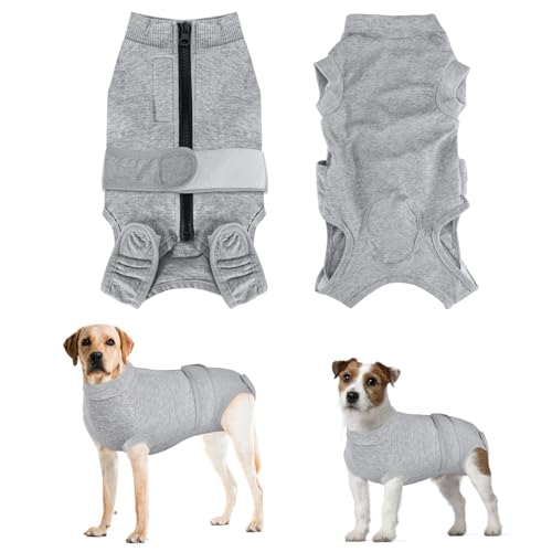 Eyein Hundebody Nach Op, Wundschutzanzüge für hündin Rüde mit Reißverschluss und Klettverschluss Gürtel - Anti-Lecken und Wundschutz, Atmungsaktiv Einteiler für Hunde Nach Op (Grau, XXL) von Eyein