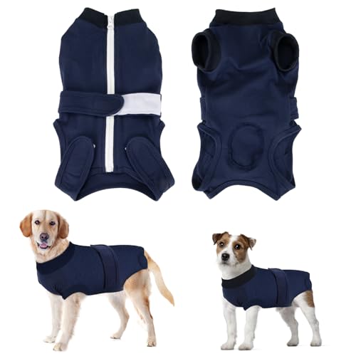 Eyein Hundebody Nach Op, Wundschutzanzüge für hündin Rüde mit Reißverschluss und Klettverschluss Gürtel - Anti-Lecken und Wundschutz, Atmungsaktiv Einteiler für Hunde Nach Op (Dunkelblau, XL) von Eyein