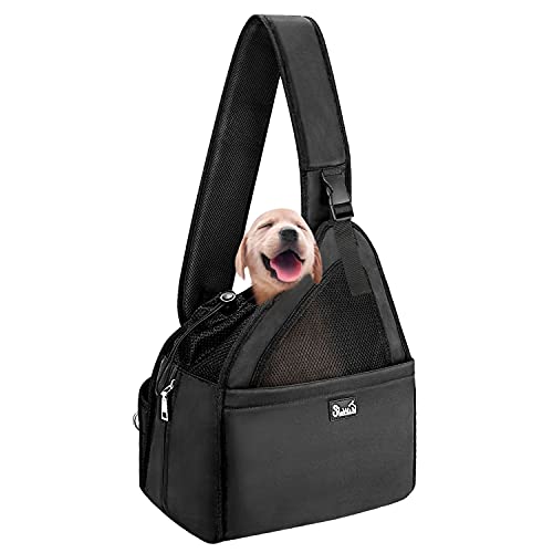 Eyein Hundefreundlich Tragetücher Hunde, Hände frei Reisetasche für kleine Haustiere mit verstellbaren Trägern Hartfaserplattenboden Sicherheitsgurt, atmungsaktiv maschinenwaschbar, unter 6kg, schwarz von Eyein