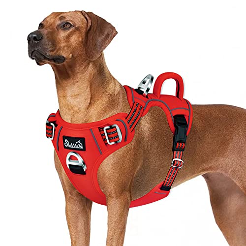 Eyein Hundegeschirr für Große Hunde, Anti Zug Brustgeschirr mit 2 Leinenclips und leicht zu bedienendem Griff, Verstellbare und reflektierende Gepolstert Geschirr für tägliches Training (Rot, XL) von Eyein