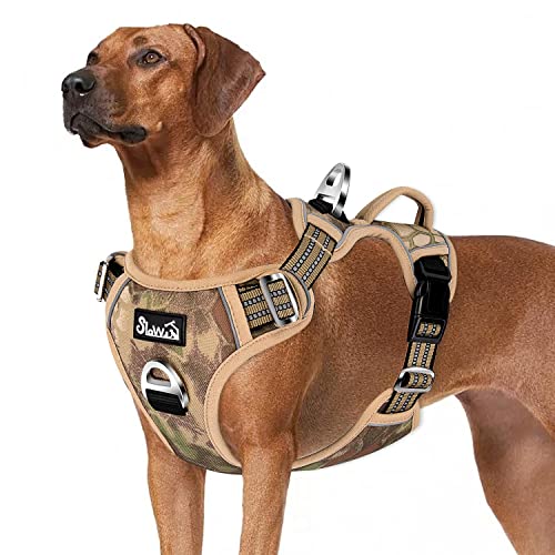 Eyein Hundegeschirr für Große Hunde, Anti Zug Brustgeschirr mit 2 Leinenclips und leicht zu bedienendem Griff, Verstellbare und reflektierende Gepolstert Geschirr für tägliches Training (Tarngelb, XL) von Eyein