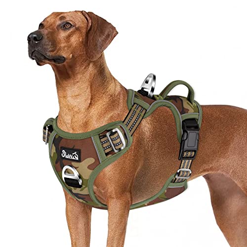 Eyein Hundegeschirr für Große Hunde, Anti Zug Brustgeschirr mit 2 Leinenclips und leicht zu bedienendem Griff, Verstellbare und reflektierende Gepolstert Geschirr für tägliches Training (Tarngrün, XL) von Eyein