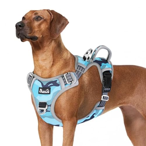 Eyein Hundegeschirr für Große Hunde, Anti Zug Brustgeschirr mit 2 Leinenclips und leicht zu bedienendem Griff, Verstellbare und reflektierende Gepolstert Geschirr für tägliches Training (Tarnblau, XL) von Eyein