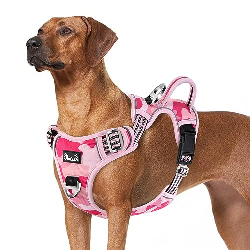 Eyein Hundegeschirr für Große Hunde, Anti Zug Brustgeschirr mit 2 Leinenclips und leicht zu bedienendem Griff, Verstellbare und reflektierende Gepolstert Geschirr für tägliches Training (Tarnrosa, XL) von Eyein