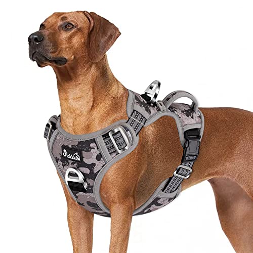 Eyein Hundegeschirr für Große Hunde, Anti Zug Brustgeschirr mit 2 Leinenclips und leicht zu bedienendem Griff, Verstellbare und reflektierende Gepolstert Geschirr für tägliches Training (Tarngrau, L) von Eyein