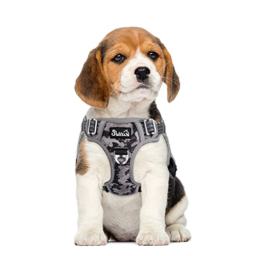 Eyein Hundegeschirr für kleine Hunde, Anti Zug Brustgeschirr mit 2 Leinenclips und leicht zu bedienendem Griff, Verstellbare und reflektierende Gepolstert Geschirr für tägliches Training (Tarngrau, S) von Eyein