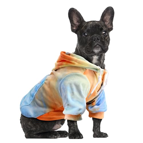 Eyein Hundehoodie für kleine mittlere und große Hunde, Warmer Flanell Hunde Kapuzenpulli mit Taschen und Leine Portal, Weiche Hundebekleidung für Frühling Herbst Winter, Orange-Blau Tie Dye, XL von Eyein