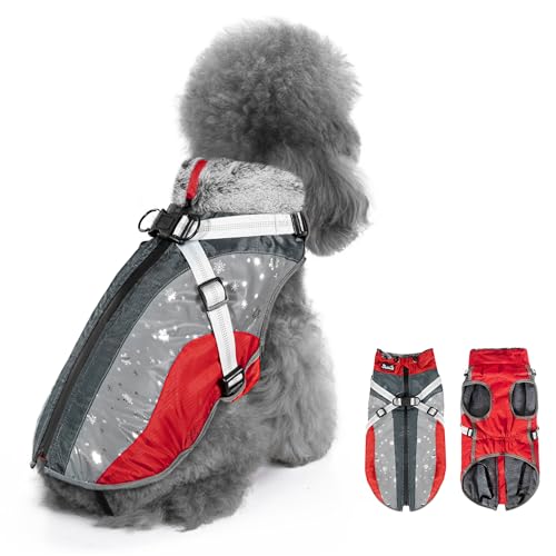 Eyein Hundemantel Winter, Wasserdichter Fleece Hundemantel mit Geschirr für kleine, mittlere und große Hunde, reflektierende verstellbare Welpenweste für Spaziergänge im Freien (Rot, XS) von Eyein