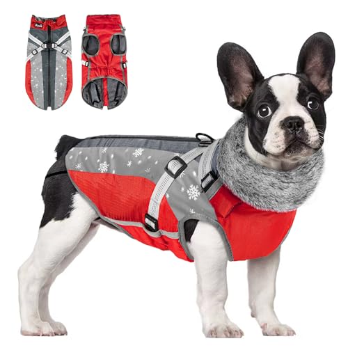 Eyein Hundemantel Winter, Wasserdichter Fleece Hundemantel mit Geschirr für kleine, mittlere und große Hunde, reflektierende verstellbare Welpenweste für Spaziergänge im Freien (Rot, L) von Eyein