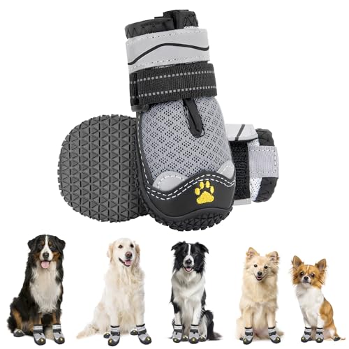 Eyein Hundeschuhe Pfotenschutz, 2 Stück atmungsaktiv Hundeschuhe mit Rutschfester Sohle und reflektierendem Klettverschluss für kleine, mittlere und große Hunde, Sport im Freien, Grau, Größe 1 von Eyein