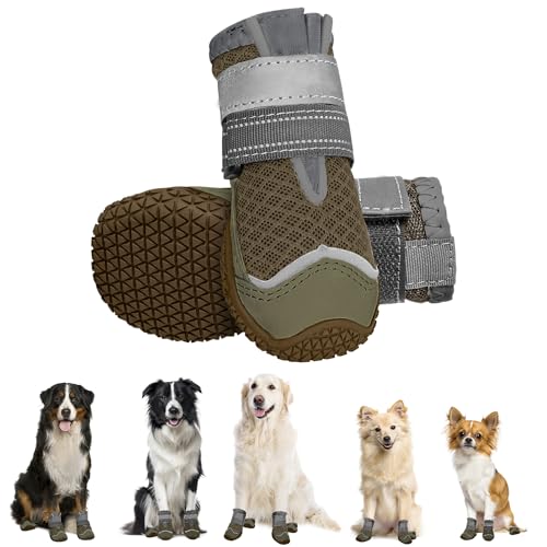 Eyein Hundeschuhe Pfotenschutz, 2 Stück atmungsaktiv Hundeschuhe mit Rutschfester Sohle und reflektierendem Klettverschluss für kleine, mittlere und große Hunde, Sport im Freien, Braun, Größe 0 von Eyein