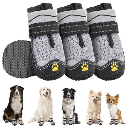 Eyein Hundeschuhe Pfotenschutz, 4 Stück atmungsaktiv Hundeschuhe mit Rutschfester Sohle und reflektierendem Klettverschluss für kleine, mittlere und große Hunde, Sport im Freien, Grau, Größe 1 von Eyein