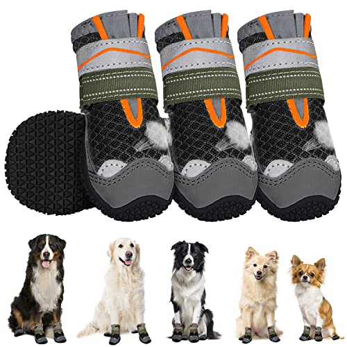 Eyein Hundeschuhe Pfotenschutz, 4 Stück atmungsaktiv Hundeschuhe mit Rutschfester Sohle und reflektierendem Klettverschluss für kleine, mittlere und große Hunde, Sport im Freien, Schwarz, Größe 1 von Eyein