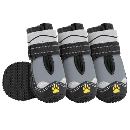 Eyein Hundeschuhe Pfotenschutz, 4 Stück Wasserabweisend Hundeschuhe mit Rutschfester Sohle und reflektierendem Klettverschluss für kleine, mittlere und große Hunde, Sport im Freien, Grau, Größe 2 von Eyein