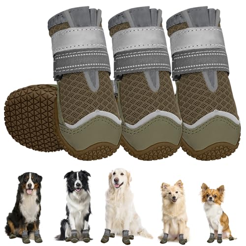 Eyein Hundeschuhe Pfotenschutz, 4 Stück atmungsaktiv Hundeschuhe mit Rutschfester Sohle und reflektierendem Klettverschluss für kleine, mittlere und große Hunde, Sport im Freien, Braun, Größe 1 von Eyein