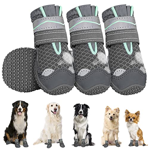 Eyein Hundeschuhe Pfotenschutz, 4 Stück atmungsaktiv Hundeschuhe mit Rutschfester Sohle und reflektierendem Klettverschluss für kleine, mittlere und große Hunde, Sport im Freien, Dunkelgrau, Größe 4 von Eyein