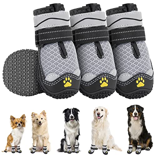 Eyein Hundeschuhe Pfotenschutz, 4 Stück atmungsaktiv Hundeschuhe mit Rutschfester Sohle und reflektierendem Klettverschluss für kleine, mittlere und große Hunde, Sport im Freien, Grau, Größe 1 von Eyein