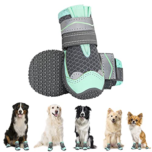 Eyein Hundeschuhe Pfotenschutz, 2 Stück atmungsaktiv Hundeschuhe mit Rutschfester Sohle und reflektierendem Klettverschluss für kleine, mittlere und große Hunde, Sport im Freien, Grün, Größe 3 von Eyein