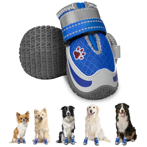 Eyein 2 Stück Hundeschuhe, Masche Atmungsaktiv Hundeschuhe Pfotenschutz mit Rutschfester Sohle für heiße Sommerböden, Reflektierende Hundeschuhe für nächtliche Spaziergänge im Freien, Blau, Größe 4 Eyein 2 Stück Hundeschuhe, Masche Atmungsaktiv Hundeschuhe Pfotenschutz mit Rutschfester Sohle für heiße Sommerböden, Reflektierende Hundeschuhe für nächtliche Spaziergänge im Freien, Blau, Größe 4 von Eyein