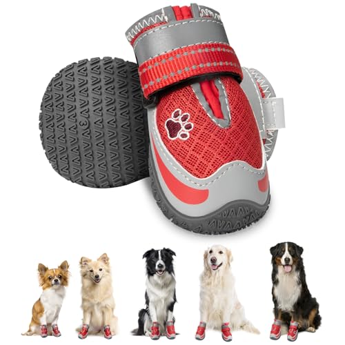 Eyein 2 Stück Hundeschuhe, Masche Atmungsaktiv Hundeschuhe Pfotenschutz mit Rutschfester Sohle für heiße Sommerböden, Reflektierende Hundeschuhe für nächtliche Spaziergänge im Freien, Rot, Größe 3 Eyein 2 Stück Hundeschuhe, Masche Atmungsaktiv Hundeschuhe Pfotenschutz mit Rutschfester Sohle für heiße Sommerböden, Reflektierende Hundeschuhe für nächtliche Spaziergänge im Freien, Rot, Größe 3 von Eyein