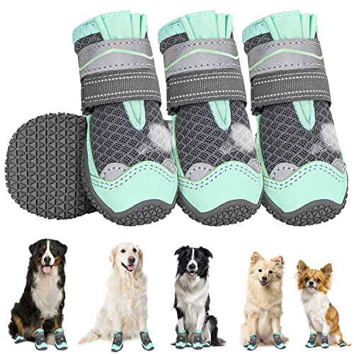 Eyein Hundeschuhe Pfotenschutz, 4 Stück atmungsaktiv Hundeschuhe mit Rutschfester Sohle und reflektierendem Klettverschluss für kleine, mittlere und große Hunde, Sport im Freien, Grün, Größe 1 von Eyein